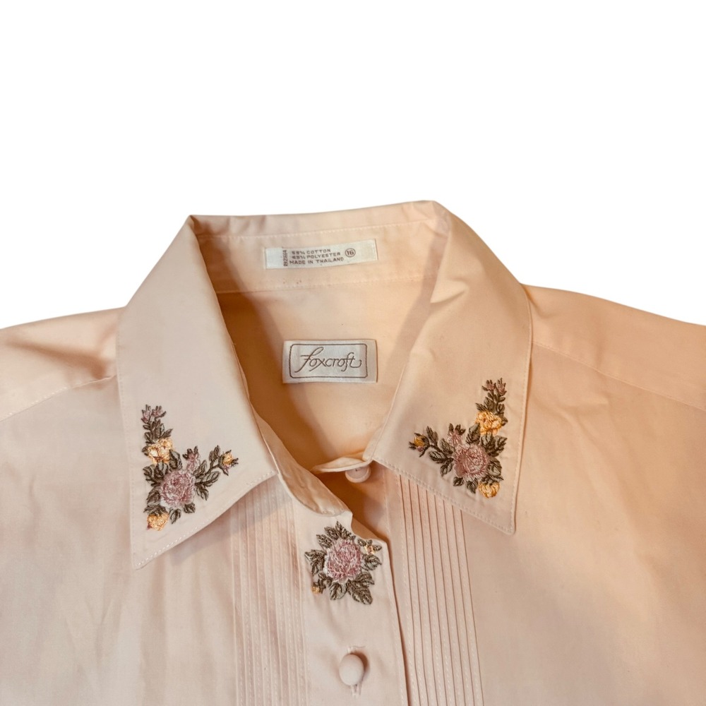 Foxcroft Women's Pink Peach Embroidered Floral Collared Button Up Shirt Size 16‎ - Picture 3 of 6